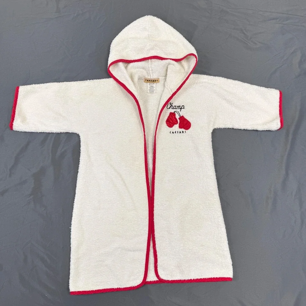 Vintage Caesars Palace Champ Hooded Terry Cloth Robe Kids Large White Red USA